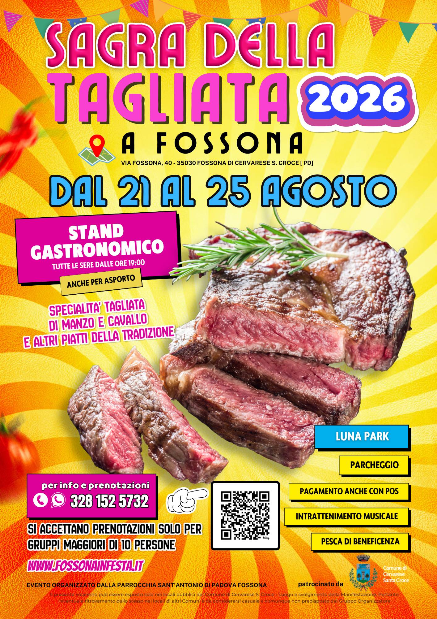 volantino pubblicitaria sagra della tagliata 2026 a Fossona dal 21 al 25 agosto